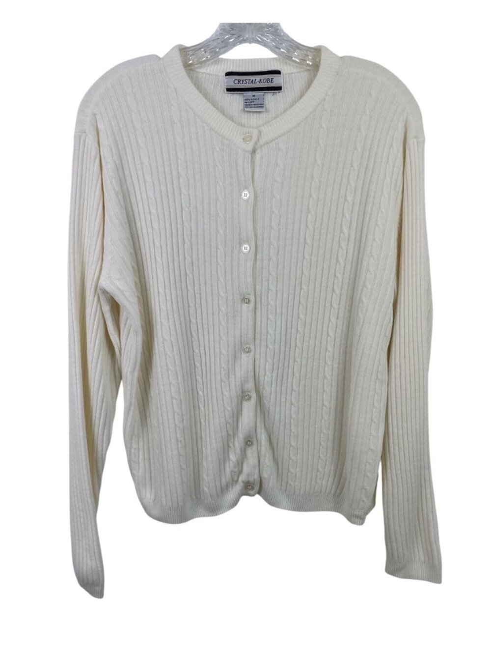 Crystal Kobe Womens Ribbed Knit Button Cardigan Sweater M White Long Sleeve